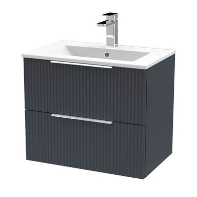 Hudson Reed Fluted Wall Hung 600mm Vanity Unit With 2 Drawers & Minimalist Ceramic Basin - Satin Anthracite