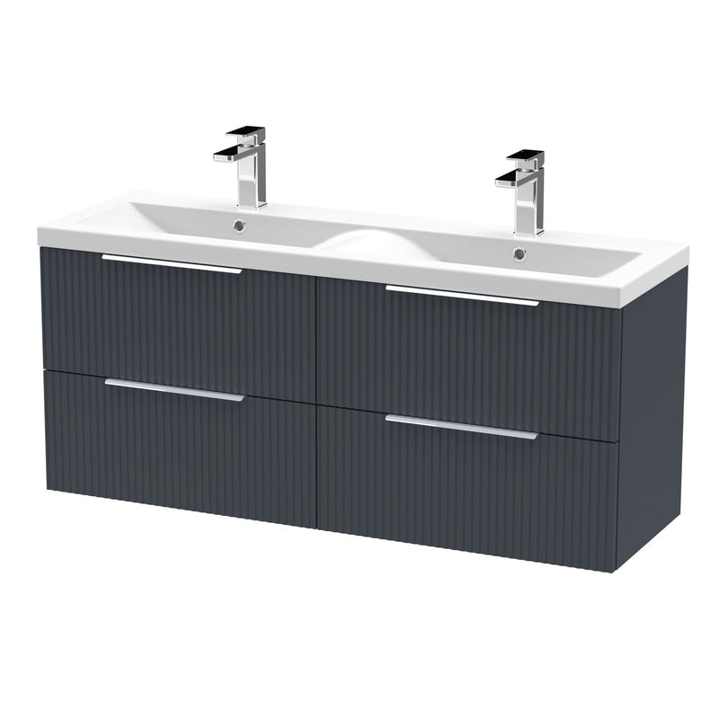 Hudson Reed Fluted Wall Hung 1200mm Vanity Unit With 4 Drawers & Twin Ceramic Basin - Satin Anthracite