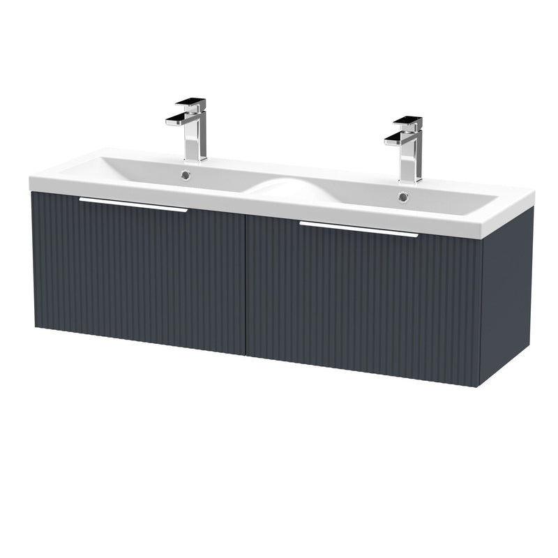 Hudson Reed Fluted Wall Hung 1200mm Vanity Unit With 2 Drawers & Twin Ceramic Basin - Satin Anthracite