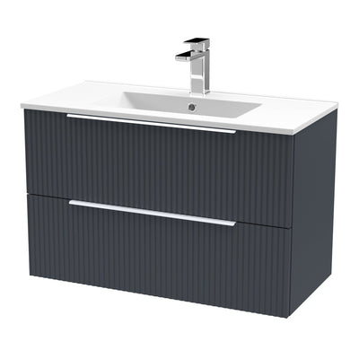 Hudson Reed Fluted Wall Hung 800mm Vanity Unit With 2 Drawers & Minimalist Ceramic Basin - Satin Anthracite