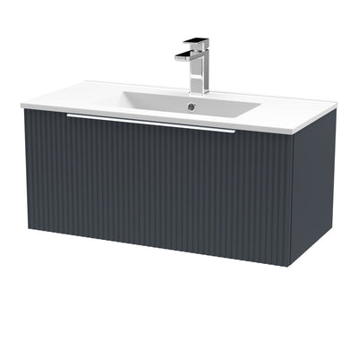 Hudson Reed Fluted Wall Hung 800mm Vanity Unit With 1 Drawer & Minimalist Ceramic Basin - Satin Anthracite