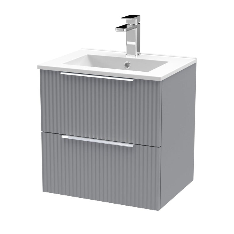 Hudson Reed Fluted Wall Hung 500mm Vanity Unit With 2 Drawers & Minimalist Ceramic Basin - Satin Grey