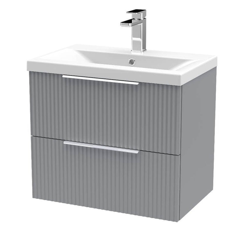 Hudson Reed Fluted Wall Hung 600mm Vanity Unit With 2 Drawers & Mid Edge Ceramic Basin - Satin Grey
