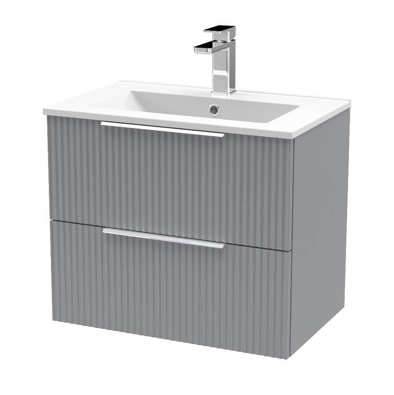 Hudson Reed Fluted Wall Hung 600mm Vanity Unit With 2 Drawers & Minimalist Ceramic Basin - Satin Grey