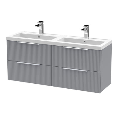 Hudson Reed Fluted Wall Hung 1200mm Vanity Unit With 4 Drawers & Twin Polymarble Basin - Satin Grey