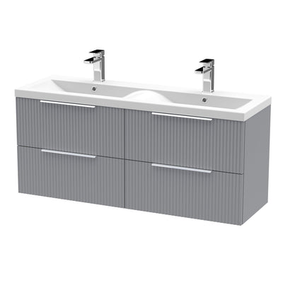 Hudson Reed Fluted Wall Hung 1200mm Vanity Unit With 4 Drawers & Twin Ceramic Basin - Satin Grey