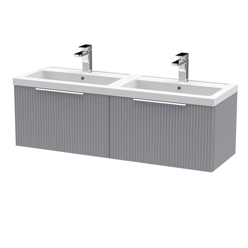 Hudson Reed Fluted Wall Hung 1200mm Vanity Unit With 2 Drawers & Twin Polymarble Basin - Satin Grey