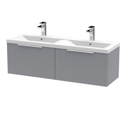 Hudson Reed Fluted Wall Hung 1200mm Vanity Unit With 2 Drawers & Twin Ceramic Basin - Satin Grey
