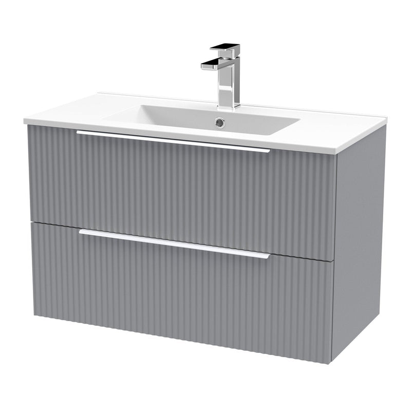 Hudson Reed Fluted Wall Hung 800mm Vanity Unit With 2 Drawers & Minimalist Ceramic Basin - Satin Grey