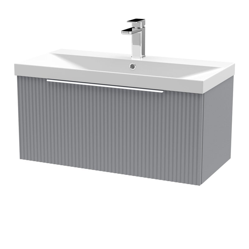 Hudson Reed Fluted Wall Hung 800mm Vanity Unit With 1 Drawer & Thin Edge Ceramic Basin - Satin Grey