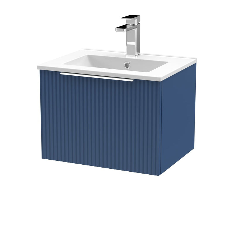 Hudson Reed Fluted Wall Hung 500mm Vanity Unit With 1 Drawer & Minimalist Ceramic Basin - Satin Blue