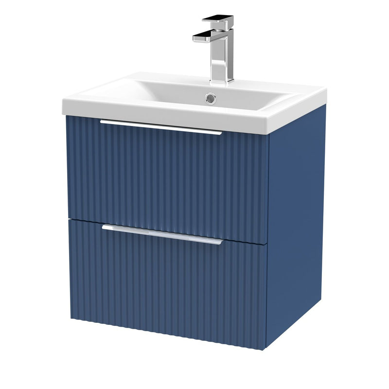 Hudson Reed Fluted Wall Hung 500mm Vanity Unit With 2 Drawers & Mid Edge Ceramic Basin - Satin Blue