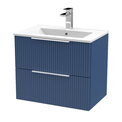 Hudson Reed Fluted Wall Hung 600mm Vanity Unit With 2 Drawers & Minimalist Ceramic Basin - Satin Blue