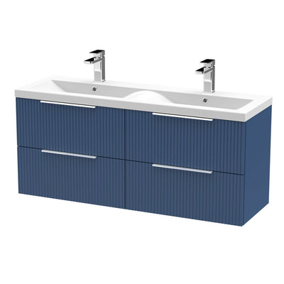 Hudson Reed Fluted Wall Hung 1200mm Vanity Unit With 4 Drawers & Twin Ceramic Basin - Satin Blue