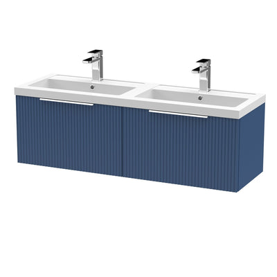 Hudson Reed Fluted Wall Hung 1200mm Vanity Unit With 2 Drawers & Twin Polymarble Basin - Satin Blue