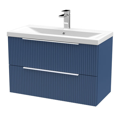 Hudson Reed Fluted Wall Hung 800mm Vanity Unit With 2 Drawers & Mid Edge Ceramic Basin - Satin Blue