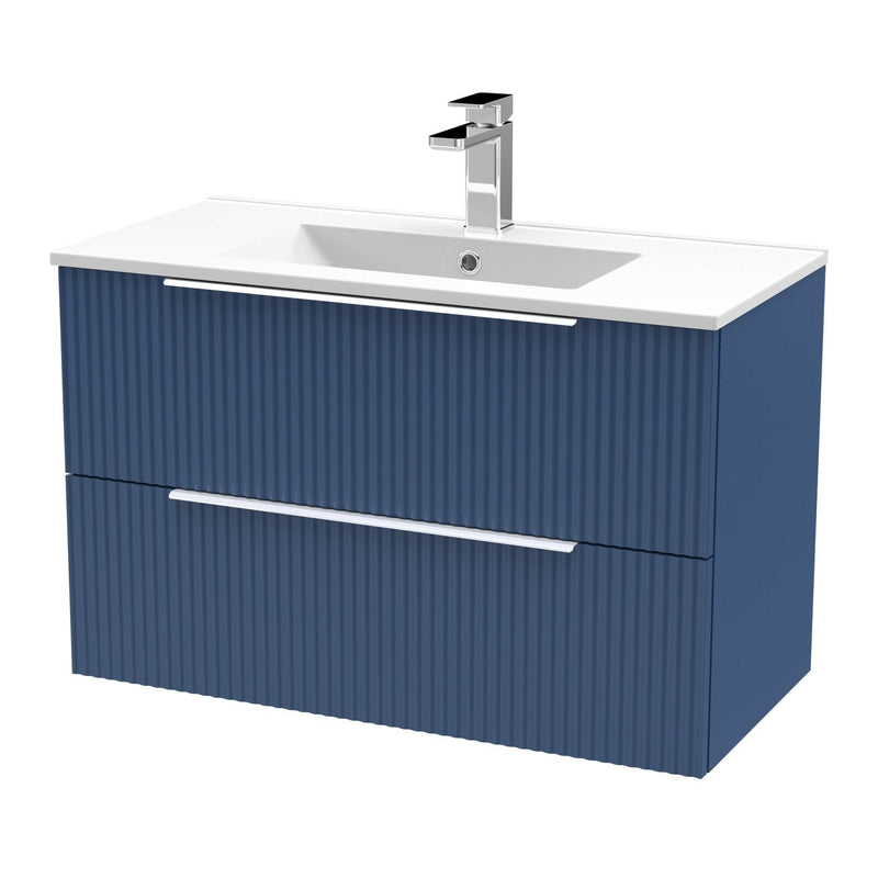 Hudson Reed Fluted Wall Hung 800mm Vanity Unit With 2 Drawers & Minimalist Ceramic Basin - Satin Blue