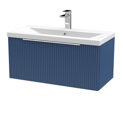 Hudson Reed Fluted Wall Hung 800mm Vanity Unit With 1 Drawer & Mid Edge Ceramic Basin - Satin Blue