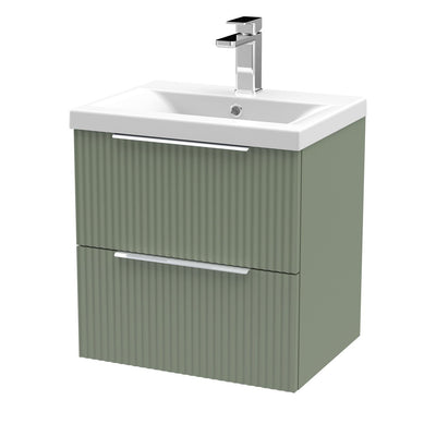 Hudson Reed Fluted Wall Hung 500mm Vanity Unit With 2 Drawers & Mid Edge Ceramic Basin - Satin Green