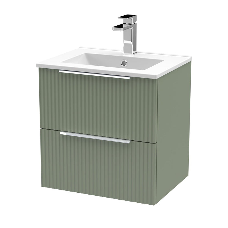 Hudson Reed Fluted Wall Hung 500mm Vanity Unit With 2 Drawers & Minimalist Ceramic Basin - Satin Green