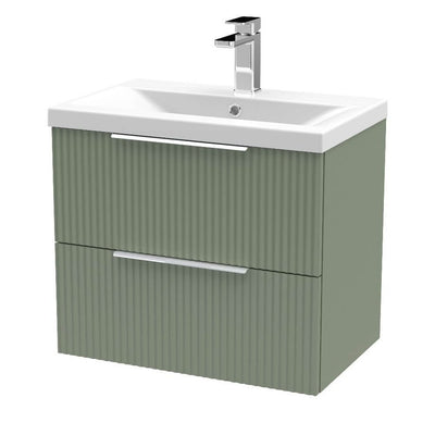 Hudson Reed Fluted Wall Hung 600mm Vanity Unit With 2 Drawers & Mid Edge Ceramic Basin - Satin Green