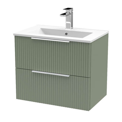 Hudson Reed Fluted Wall Hung 600mm Vanity Unit With 2 Drawers & Minimalist Ceramic Basin - Satin Green