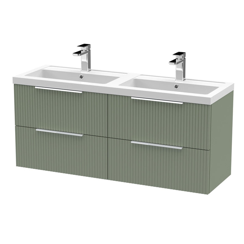 Hudson Reed Fluted Wall Hung 1200mm Vanity Unit With 4 Drawers & Twin Polymarble Basin - Satin Green