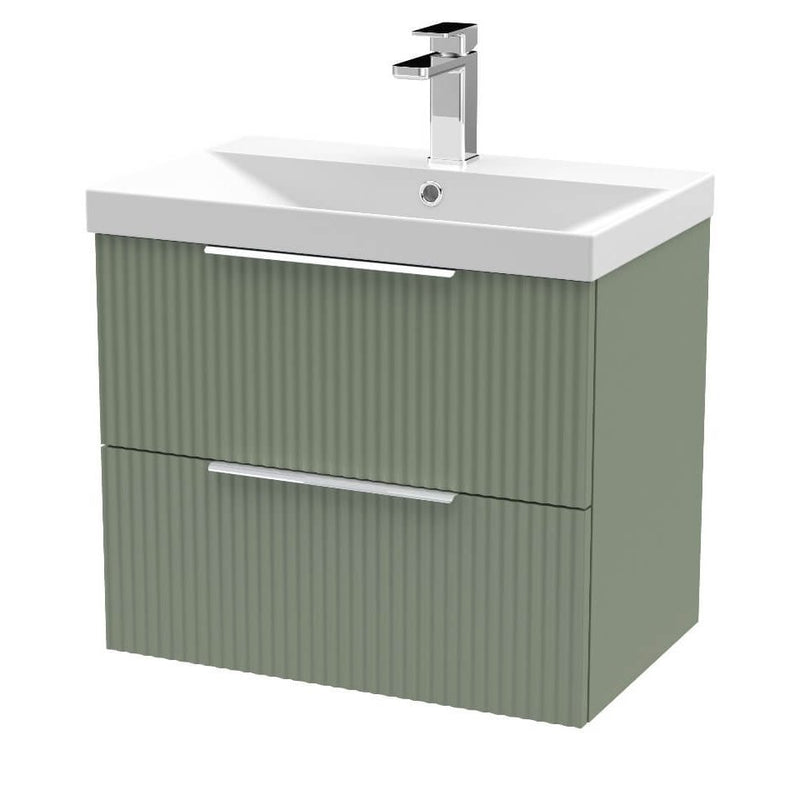 Hudson Reed Fluted Wall Hung 600mm Vanity Unit With 2 Drawers & Thin Edge Ceramic Basin - Satin Green