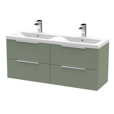 Hudson Reed Fluted Wall Hung 1200mm Vanity Unit With 4 Drawers & Twin Ceramic Basin - Satin Green