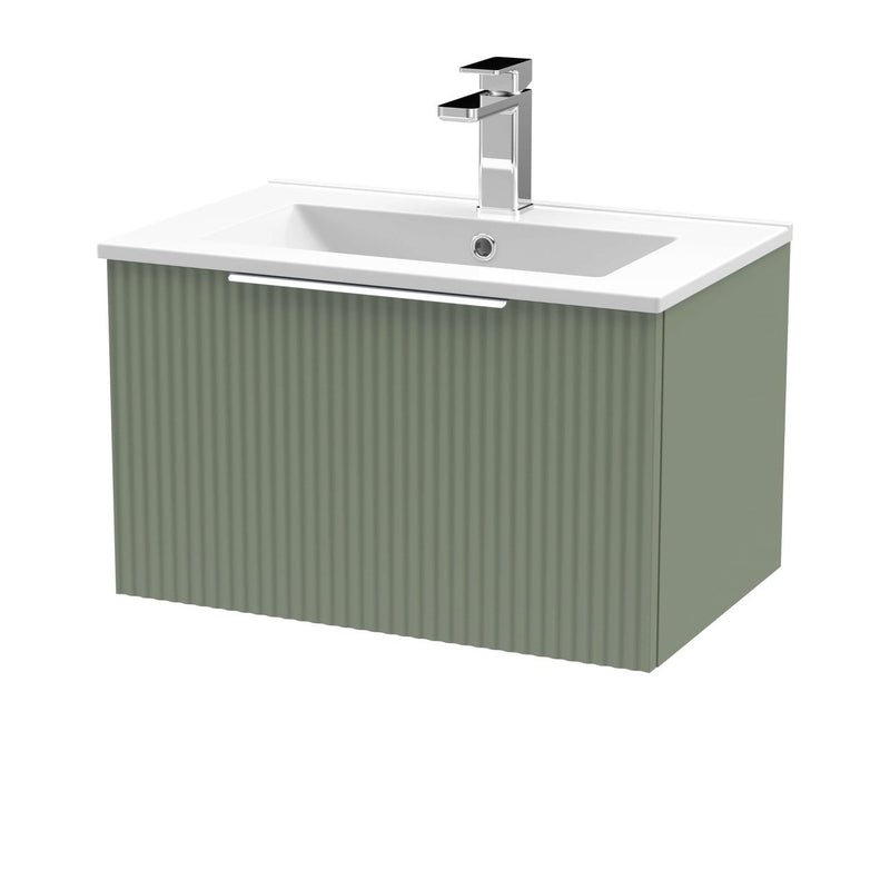 Hudson Reed Fluted Wall Hung 600mm Vanity Unit With 1 Drawer & Ceramic Basin - Satin Green
