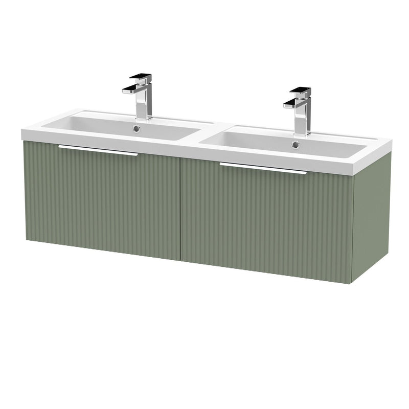 Hudson Reed Fluted Wall Hung 1200mm Vanity Unit With 2 Drawers & Twin Polymarble Basin - Satin Green