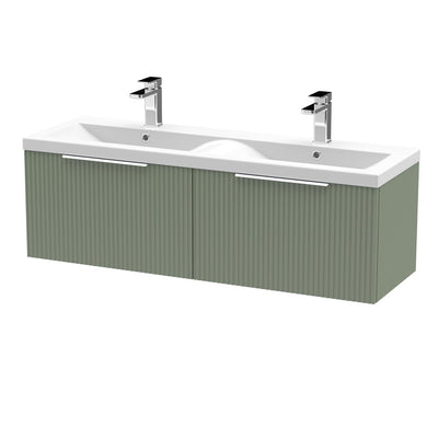 Hudson Reed Fluted Wall Hung 1200mm Vanity Unit With 2 Drawers & Twin Ceramic Basin - Satin Green