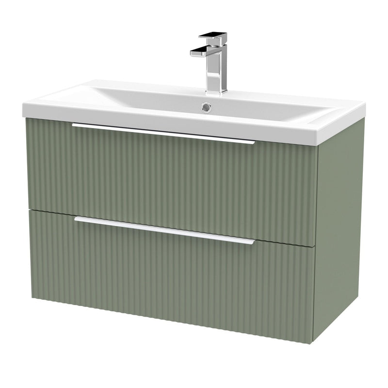 Hudson Reed Fluted Wall Hung 800mm Vanity Unit With 2 Drawers & Mid Edge Ceramic Basin - Satin Green