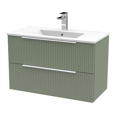 Hudson Reed Fluted Wall Hung 800mm Vanity Unit With 2 Drawers & Minimalist Ceramic Basin - Satin Green