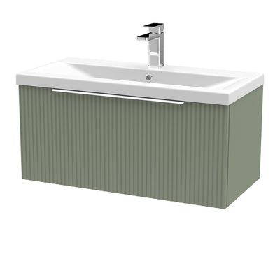 Hudson Reed Fluted Wall Hung 800mm Vanity Unit With 1 Drawer & Mid Edge Ceramic Basin - Satin Green