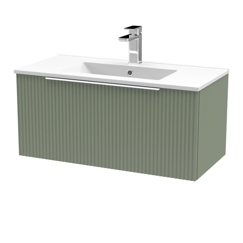Hudson Reed Fluted Wall Hung 800mm Vanity Unit With 1 Drawer & Minimalist Ceramic Basin - Satin Green