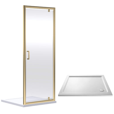 Porto Brushed Brass 6mm Pivot Shower Door With White Stone Resin Tray & Waste