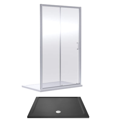 Porto Chrome 6mm Sliding Shower Door With Slate Effect Stone Resin Tray & Waste - 1400 x 700mm