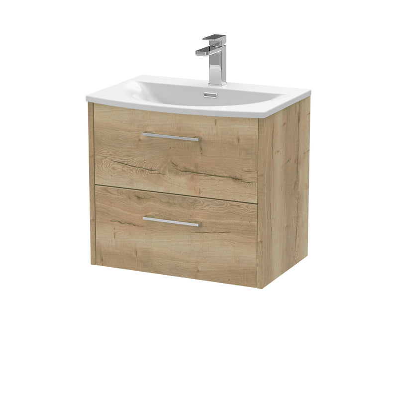 Hudson Reed Juno Wall Hung 600mm Vanity Unit With 2 Drawers & Curved Ceramic Basin - Autumn Oak