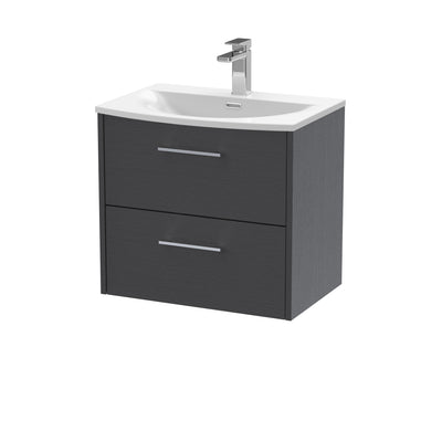 Hudson Reed Juno Wall Hung 600mm Vanity Unit With 2 Drawers & Curved Ceramic Basin - Graphite Grey Woodgrain