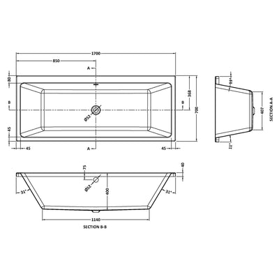 Thin Edge Square Double Ended Bath - 1700 x 700mm