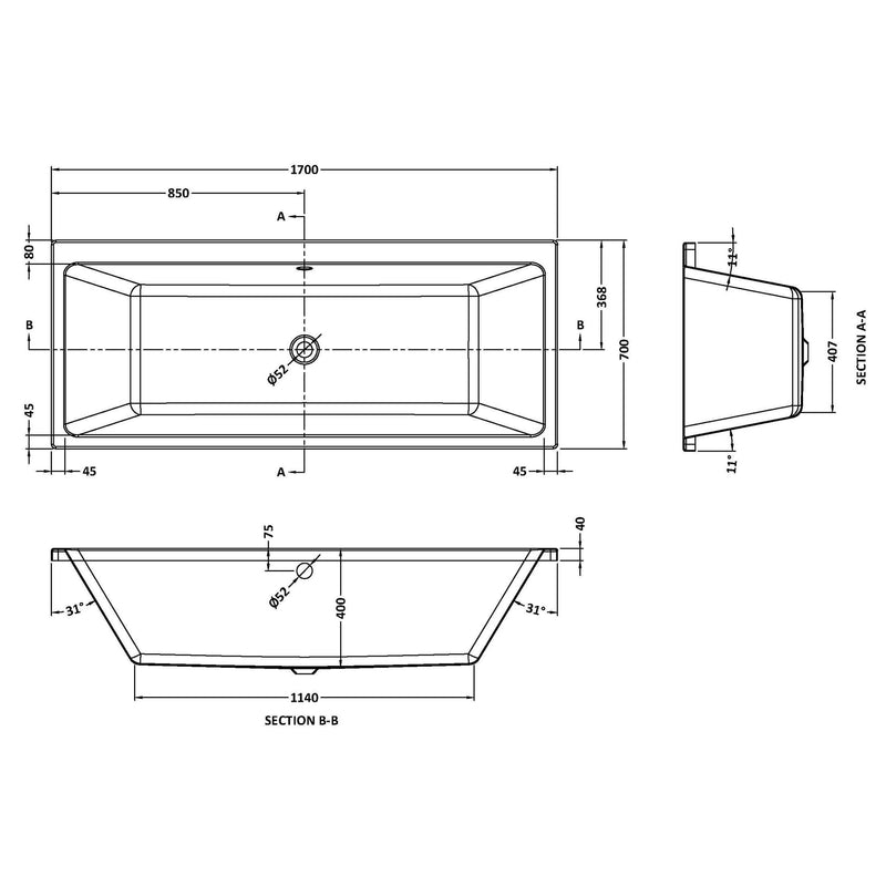 Thin Edge Square Double Ended Bath - 1700 x 700mm