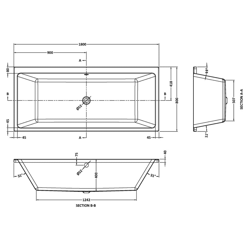 Thin Edge Square Double Ended Bath - 1800 x 800mm