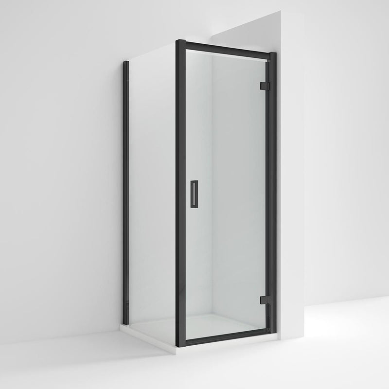 Porto Matt Black 6mm Pivot Shower Door With Slate Effect Stone Resin Tray & Waste - 900 x 760mm