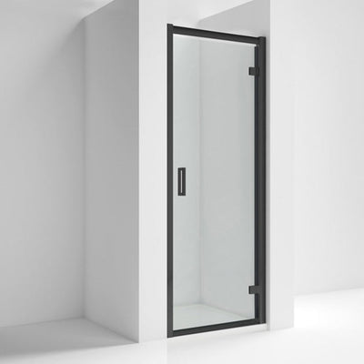 Porto Matt Black 6mm Pivot Shower Door With Slate Effect Stone Resin Tray & Waste - 900 x 800mm