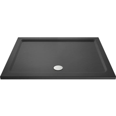 Porto Matt Black 6mm Sliding Shower Door With Slate Effect Stone Resin Tray & Waste - 1600 x 900mm