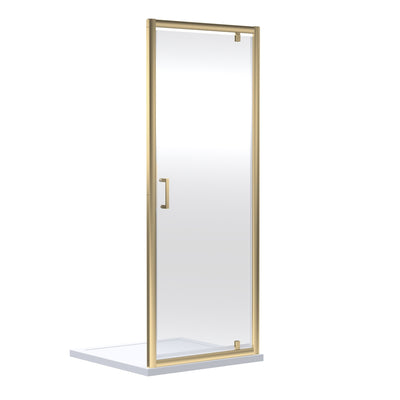 Porto Brushed Brass 6mm Pivot Shower Door With Slate Effect Stone Resin Tray & Waste - 760 x 760mm