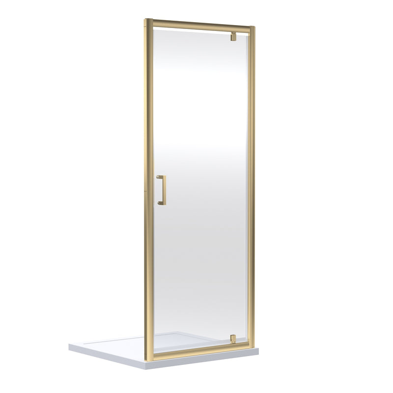 Porto Brushed Brass 6mm Pivot Shower Door With White Stone Resin Tray & Waste - 900 x 900mm