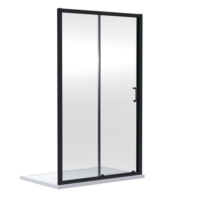 Porto Matt Black 6mm Sliding Shower Door With Slate Effect Stone Resin Tray & Waste - 1000 x 760mm