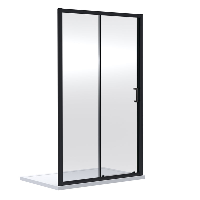 Porto Matt Black 6mm Sliding Shower Door With Slate Effect Stone Resin Tray & Waste - 1000 x 760mm